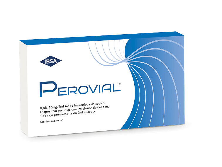 Confezione Perovial® IBSA, siringa pre-riempita di acido ialuronico 0,8% (16mg/2ml) per iniezione intralesionale
